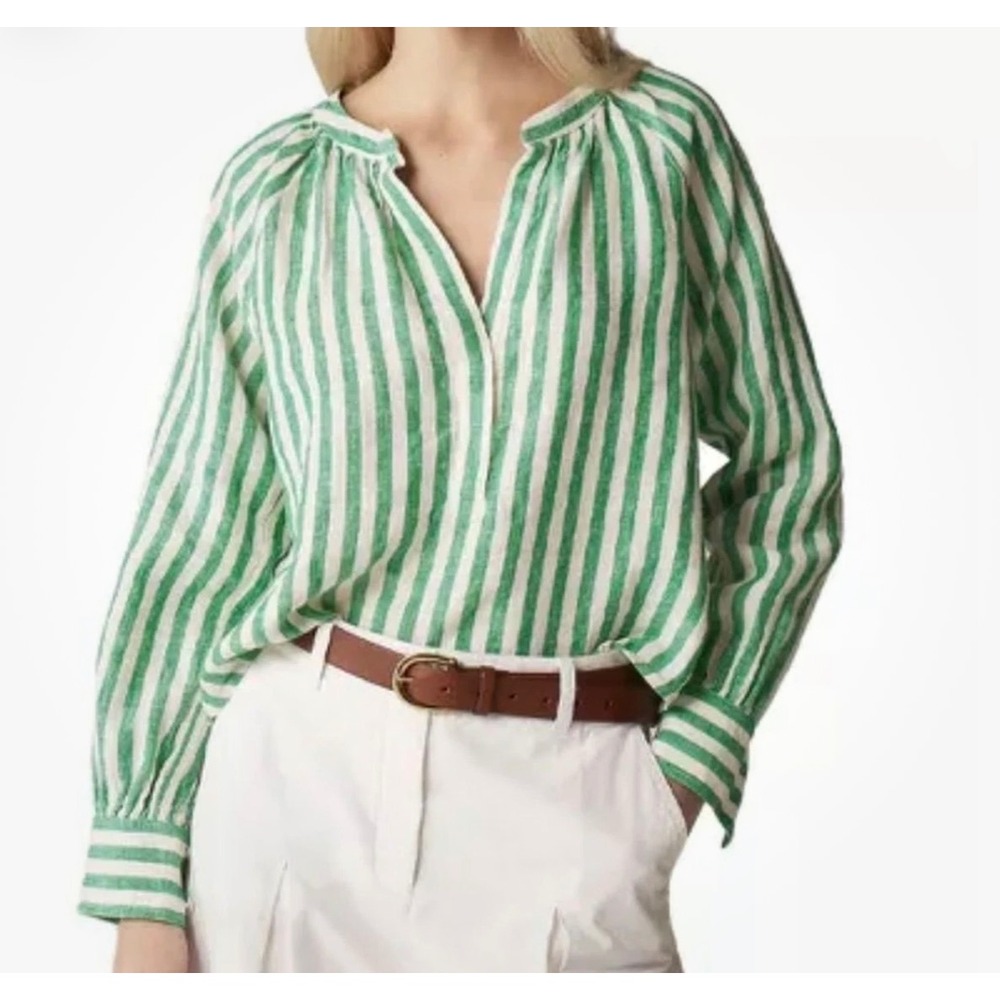 J Crew Small 100% Linen Cabana Top in Green Stripe Long Sleeve Preppy Coastal